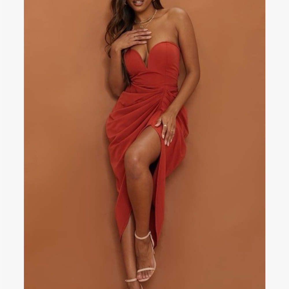 PrettyLittleThing Strapless Rust Mini Dress Size 12 Bodycon